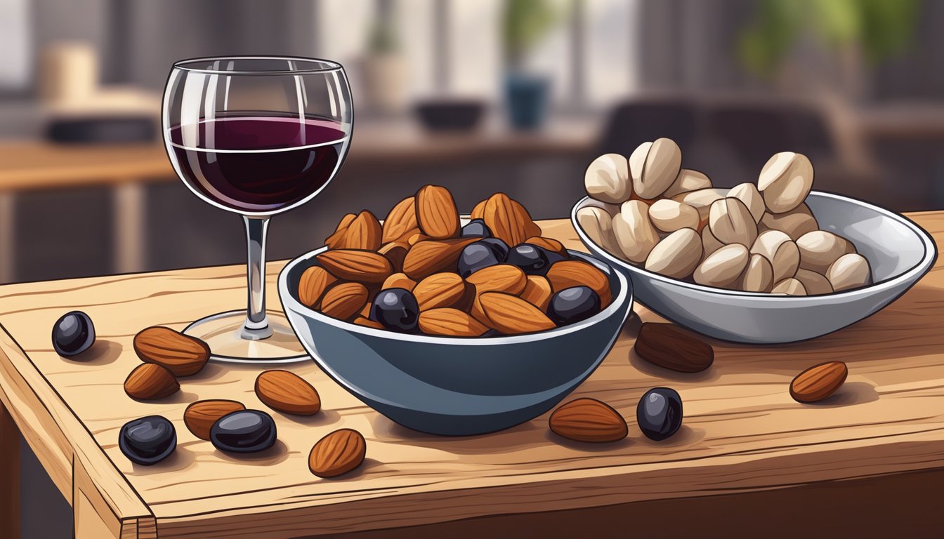 A glass of red wine next to a bowl of mixed nuts and dried fruits on a wooden table