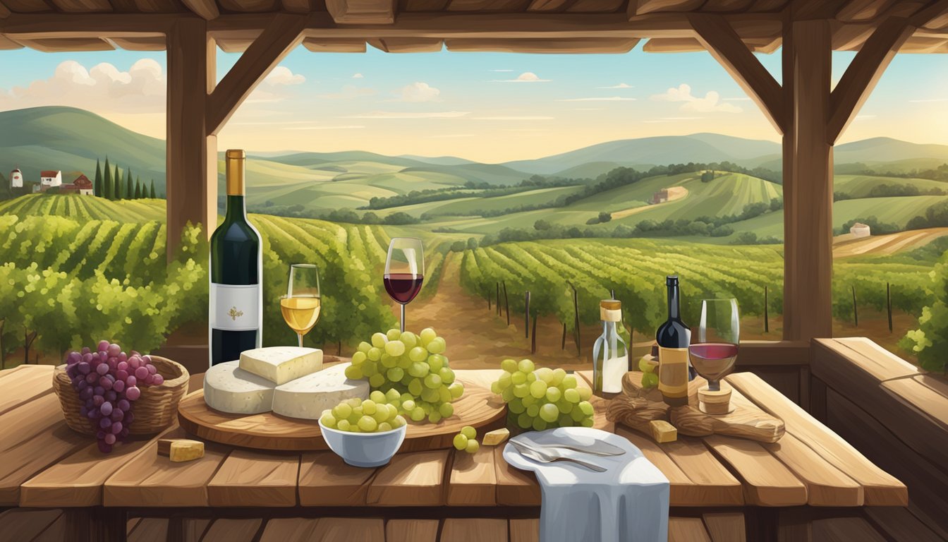 A rustic wooden table with various goat cheeses and bottles of wine, surrounded by vineyards and rolling hills