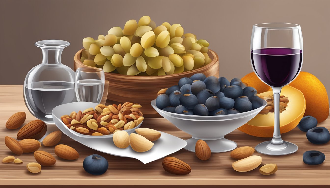 A table set with a variety of nuts and dried fruits, accompanied by a bottle of wine and a wine glass