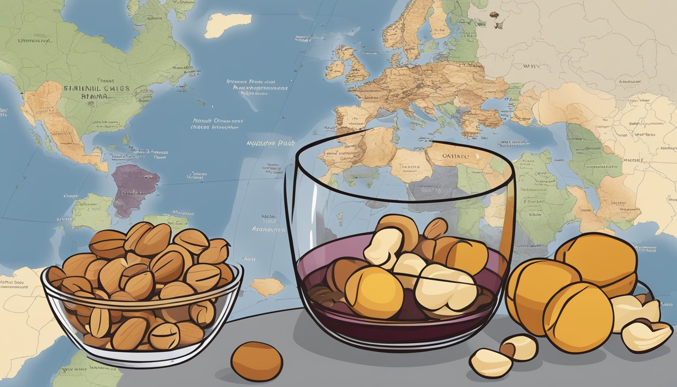 A glass of red wine beside a bowl of mixed nuts and dried fruits. A map of wine regions in the background