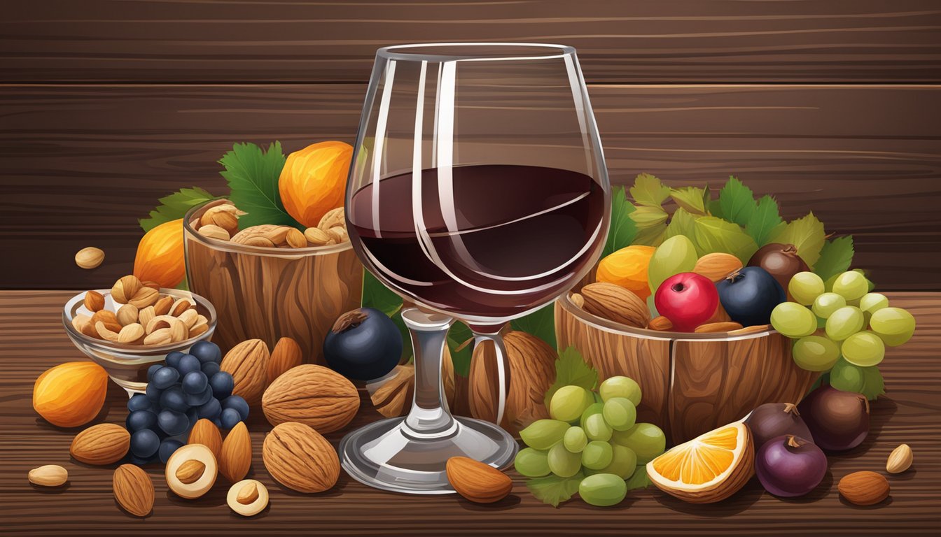 A wine glass surrounded by an assortment of nuts and dried fruits on a wooden table