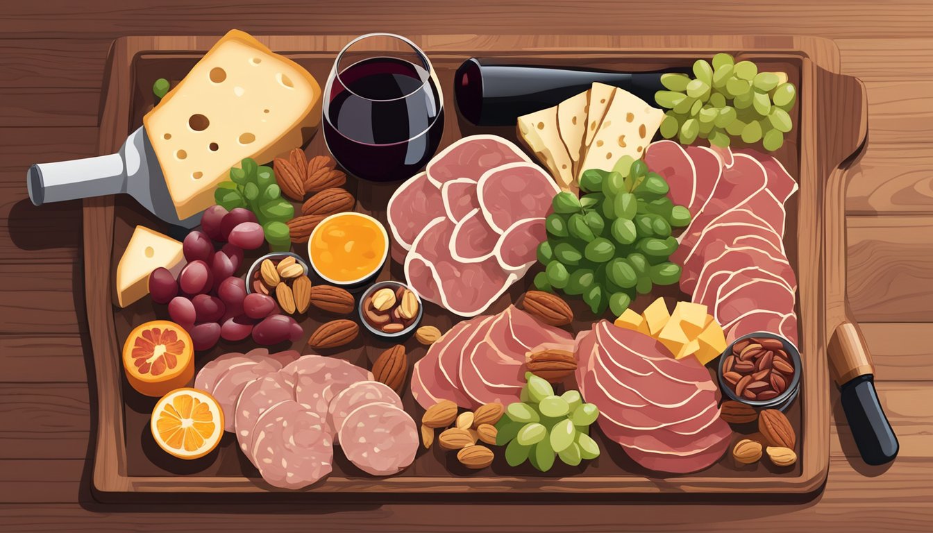 A wooden charcuterie board with assorted meats, cheeses, fruits, and nuts, accompanied by a bottle of red wine and a glass