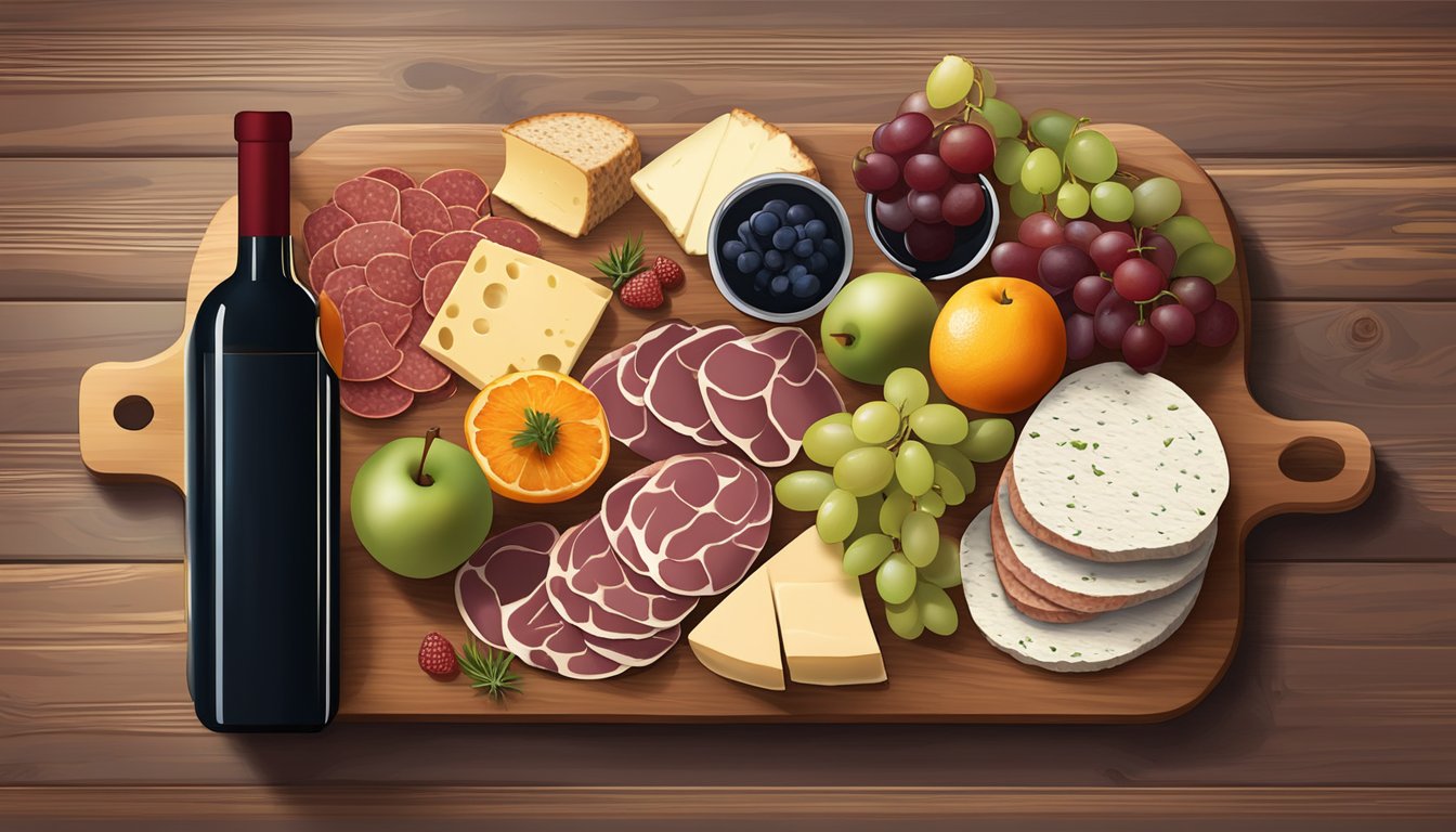 A charcuterie board with assorted meats, cheeses, and fruits, paired with a bottle of red wine on a wooden table