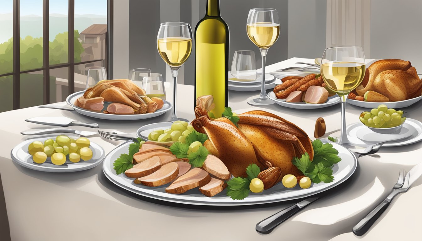 A table set with a variety of white wines and roasted poultry meats