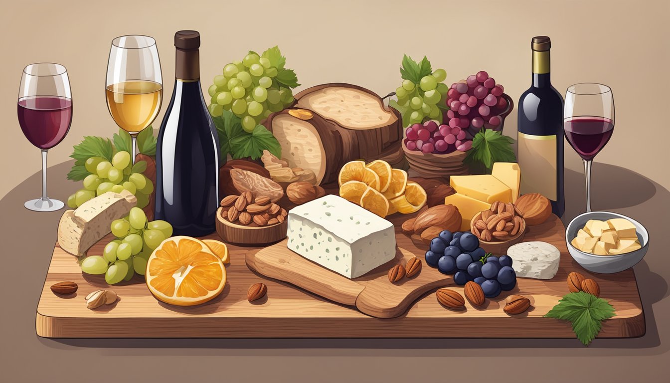 A wooden charcuterie board with assorted meats, cheeses, fruits, and nuts, accompanied by a bottle of wine and two glasses