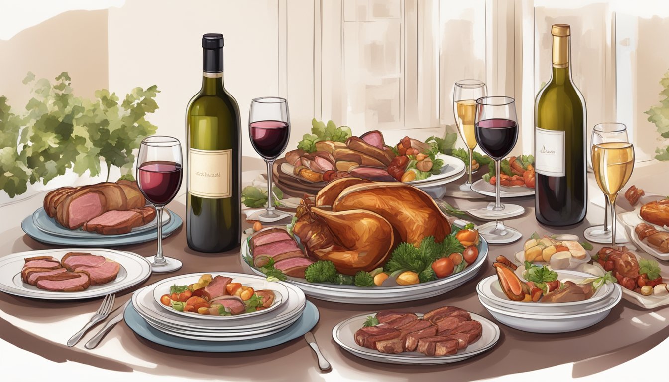 A table set with a variety of roasted meats and wine bottles, surrounded by elegant dinnerware and soft lighting