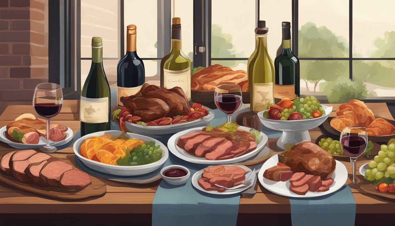 A rustic table set with a platter of juicy roasted meats surrounded by bottles of various wine varietals