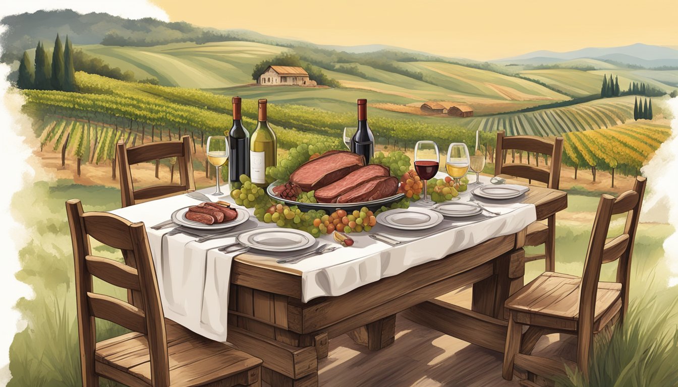 A rustic table set with a platter of roasted meats, surrounded by vineyards and traditional wine barrels