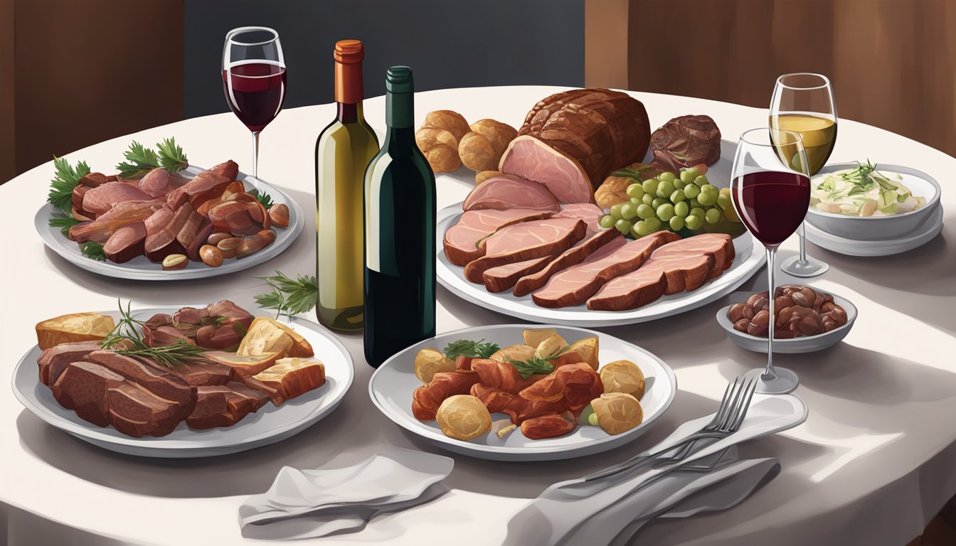 A table set with a variety of roasted meats alongside bottles of red and white wine