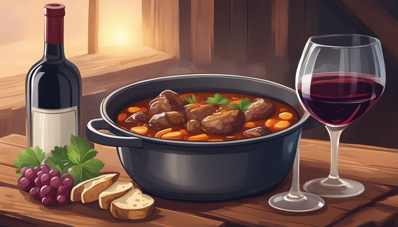 A hearty stew bubbling in a pot next to a glass of rich red wine on a rustic wooden table