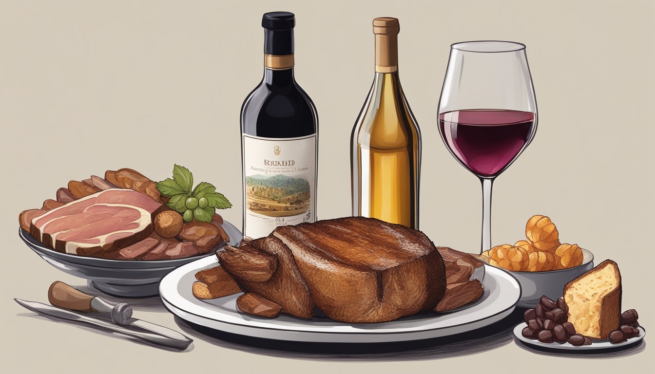 A bottle of dessert wine next to a platter of roasted meats