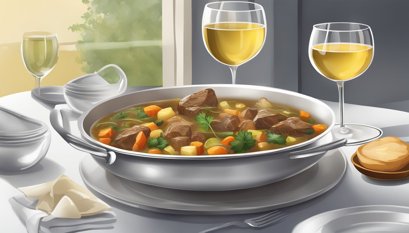 A table set with a steaming bowl of stew and a glass of white wine