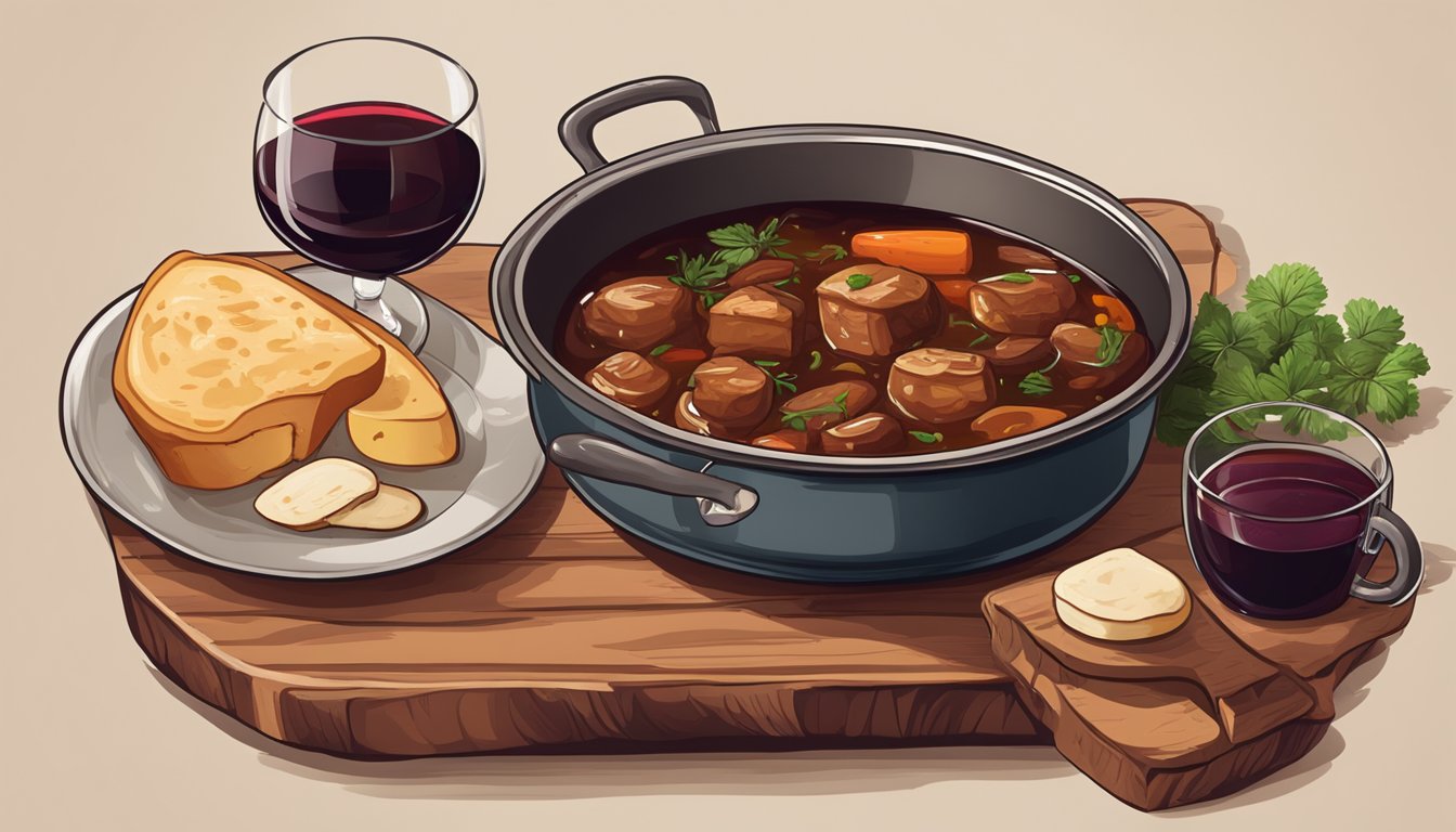 A hearty stew simmering on a stove, accompanied by a glass of rich red wine, set on a rustic wooden table