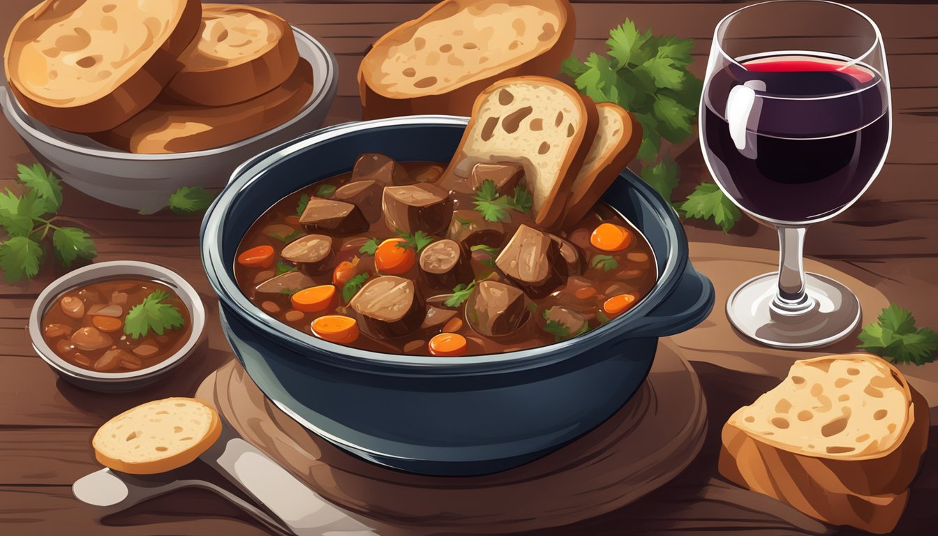 A steaming bowl of hearty stew surrounded by rustic bread and a glass of red wine