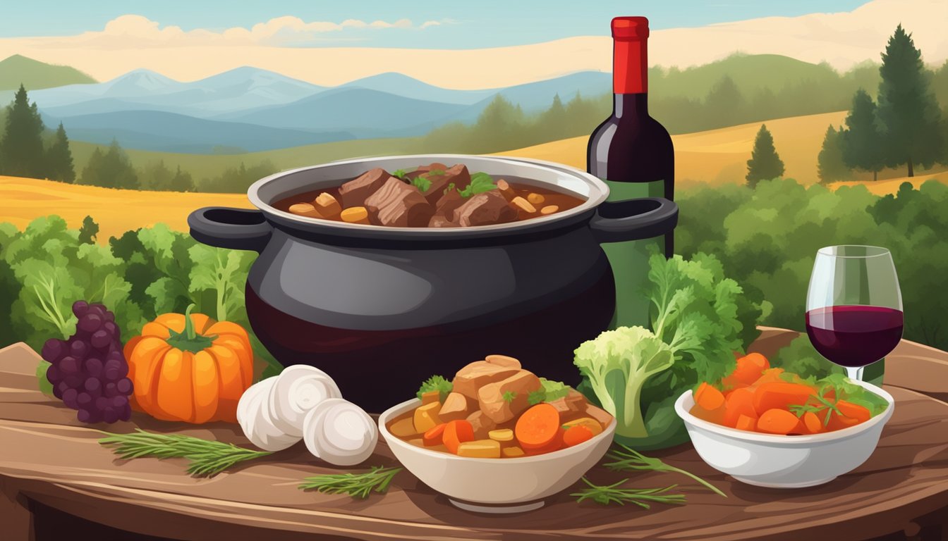 A steaming pot of beef stew surrounded by fresh vegetables and a bottle of red wine on a rustic wooden table