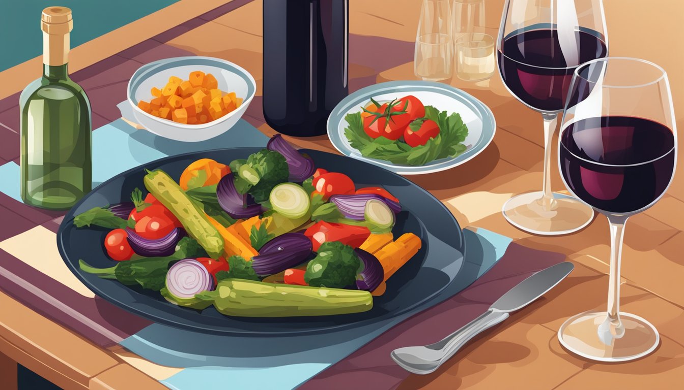 A table set with a platter of colorful grilled vegetables next to a bottle of red wine and two glasses