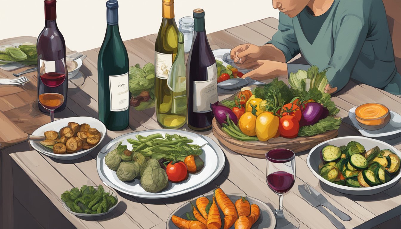 A table set with a variety of grilled vegetables and bottles of wine, with a person contemplating their selection