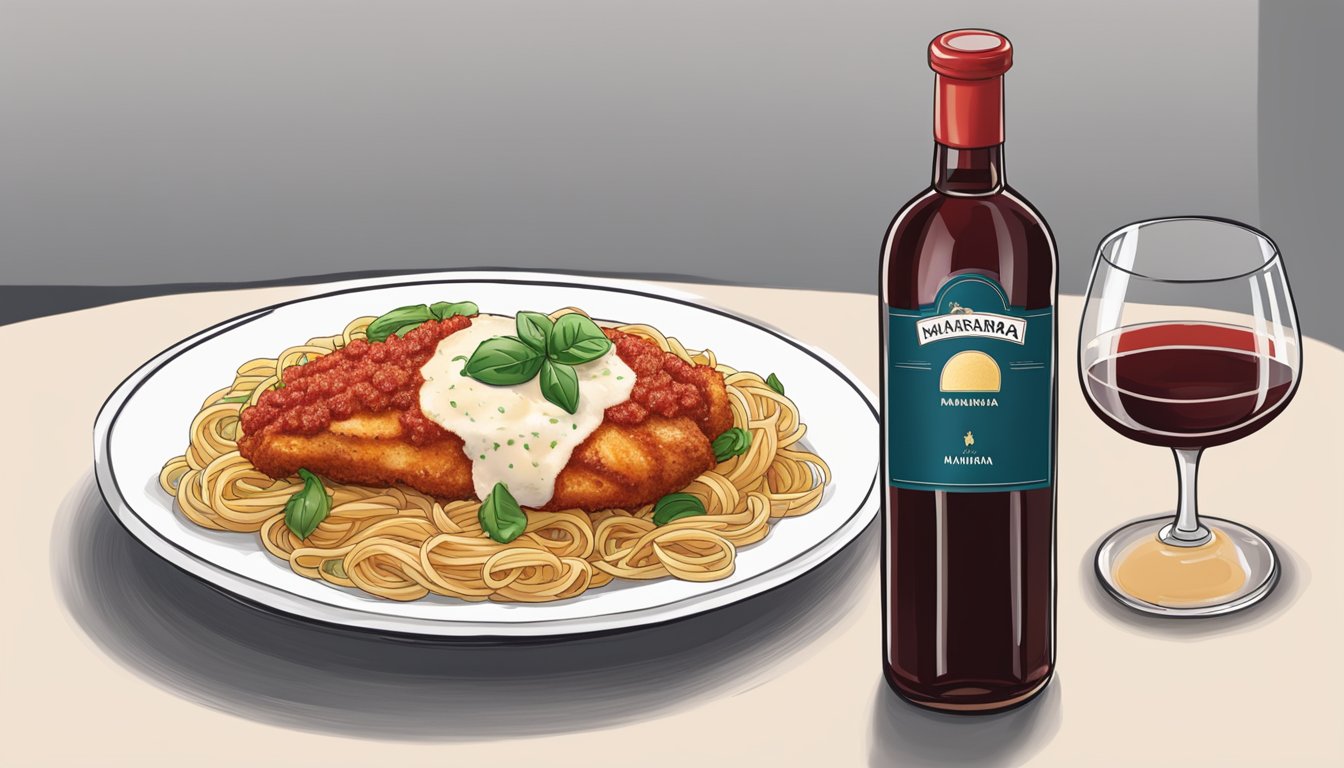 A bottle of red wine next to a plate of chicken parmesan with a side of pasta and marinara sauce