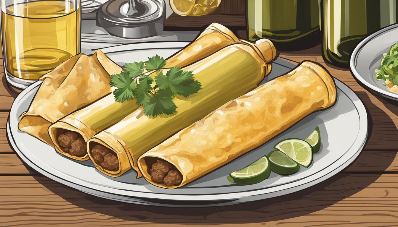 A bottle of white wine and a glass of sparkling wine sit next to a plate of beef enchiladas on a rustic wooden table