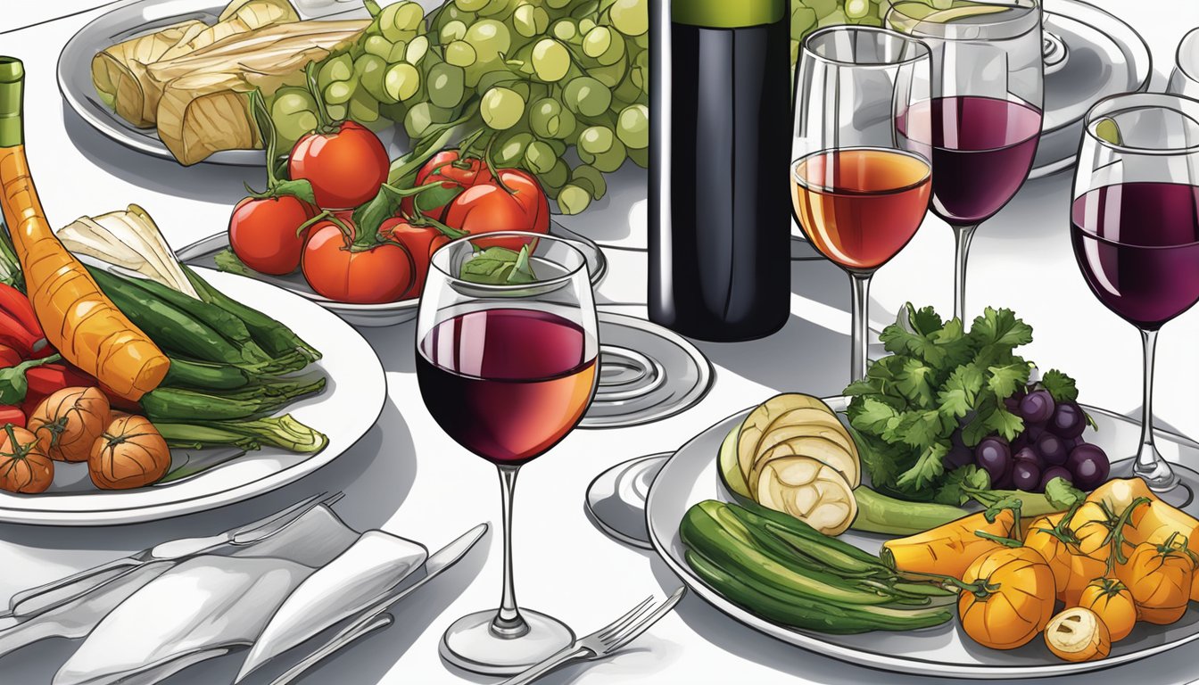 A table set with an array of grilled vegetables alongside glasses of red and white wine