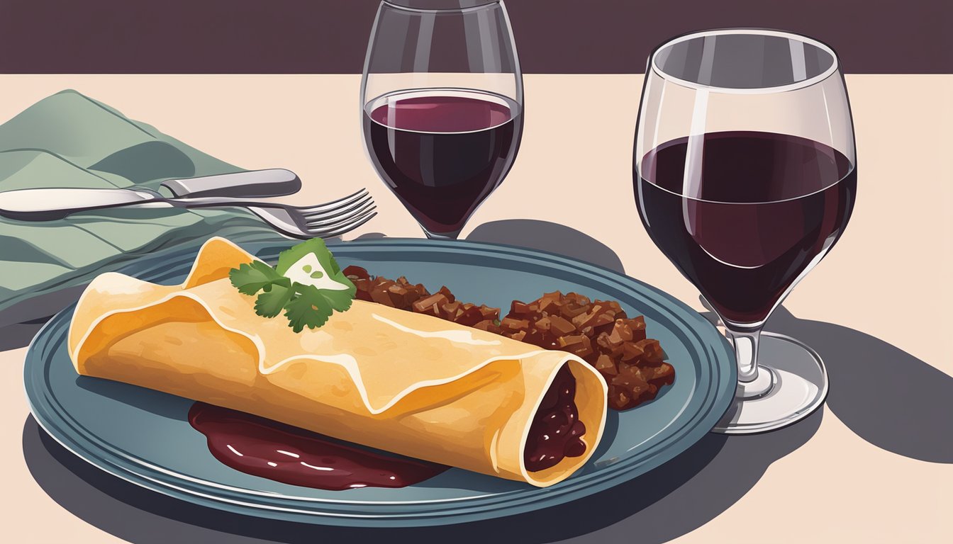 A bottle of red wine sits next to a plate of beef enchiladas, with a glass partially filled with the deep crimson liquid