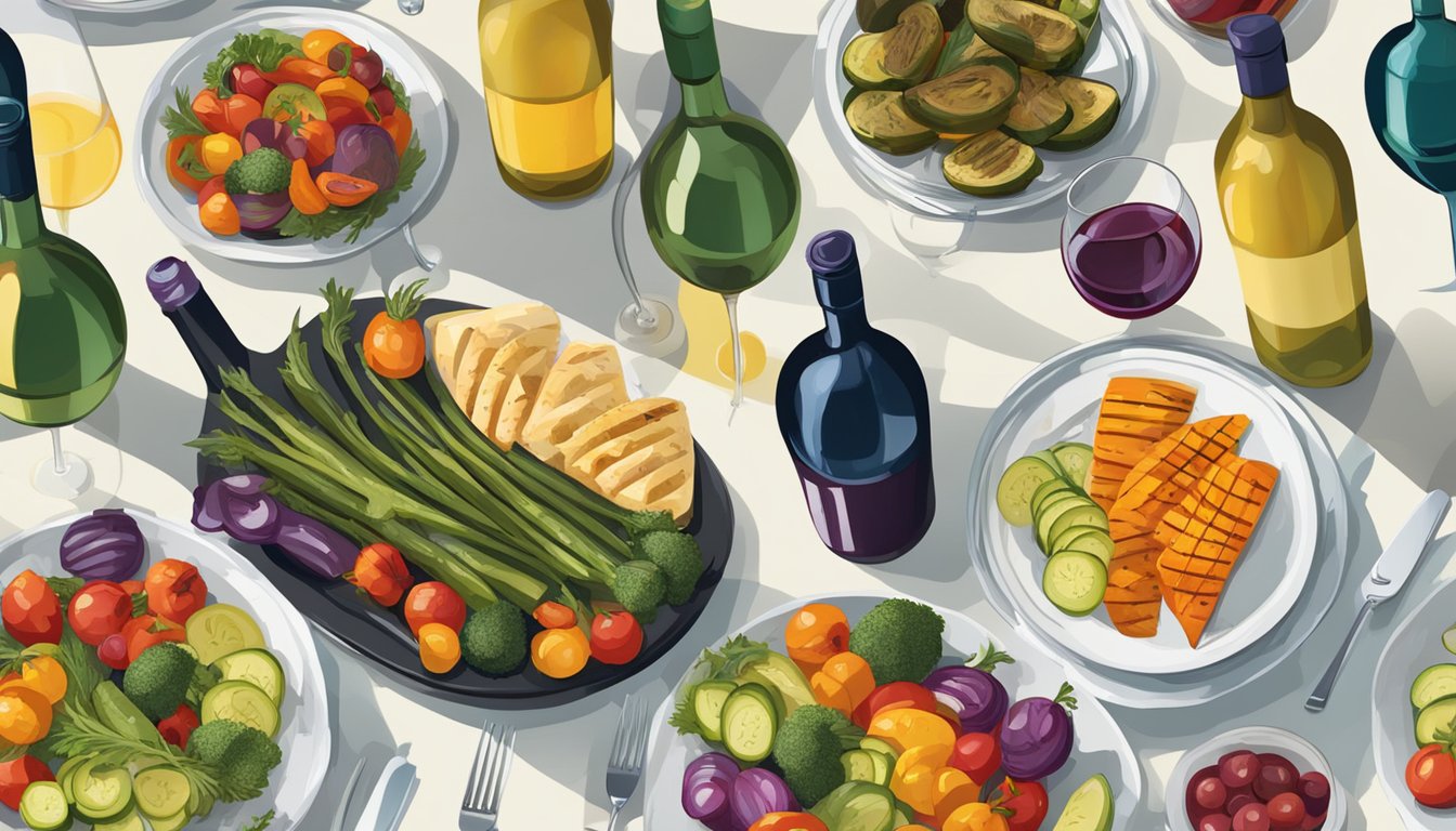 A table set with a colorful array of grilled vegetables alongside a bottle of regional wine