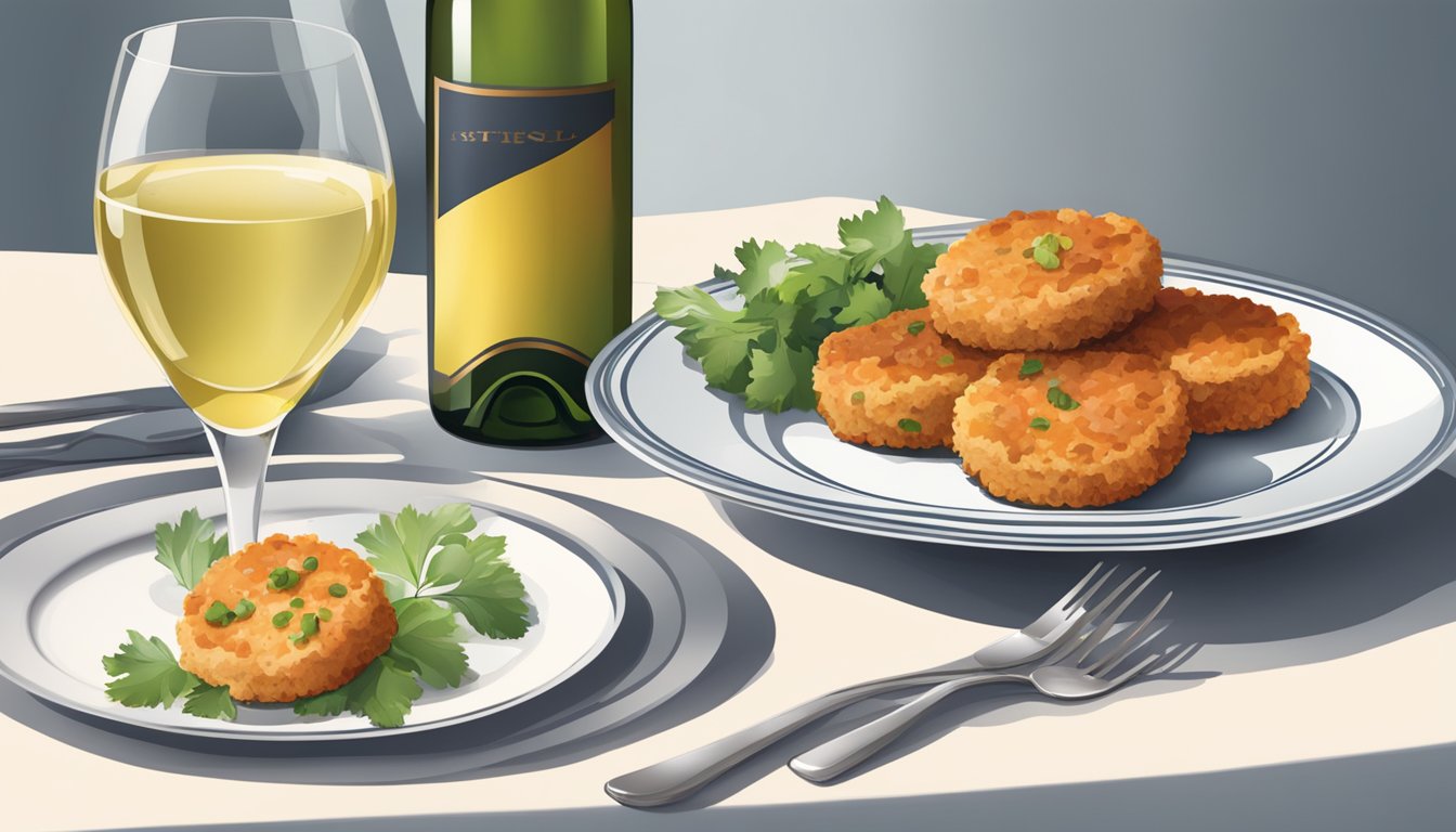 A table set with a plate of salmon cakes, a bottle of white wine, and a wine glass