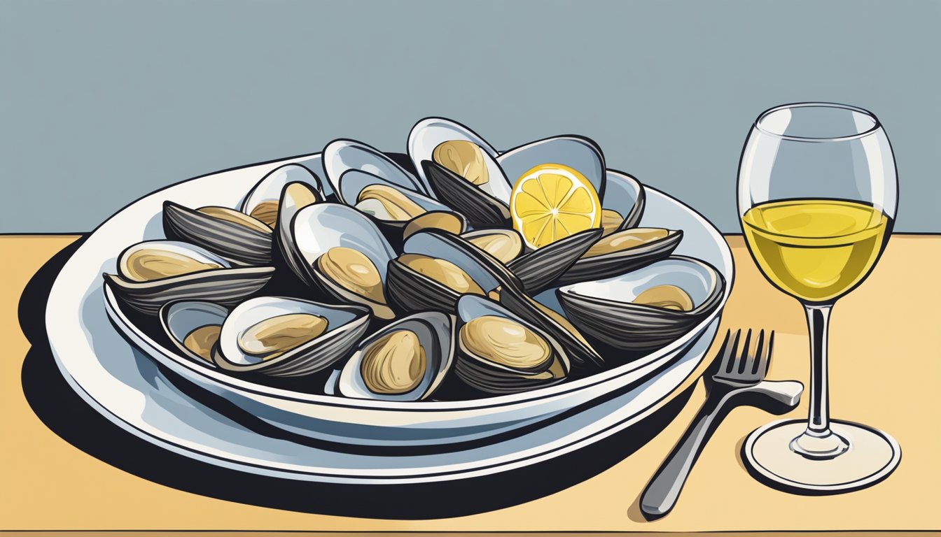 A table set with a bowl of steamed clams, a bottle of white wine, and two glasses