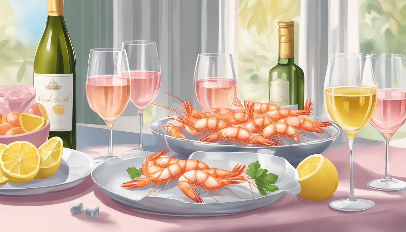 A table set with a glistening shrimp cocktail, surrounded by bottles of white wine and a glass of rosé