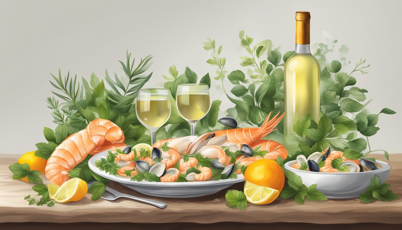 A table set with a steaming dish of seafood and a bottle of white wine, surrounded by fresh herbs and citrus fruits