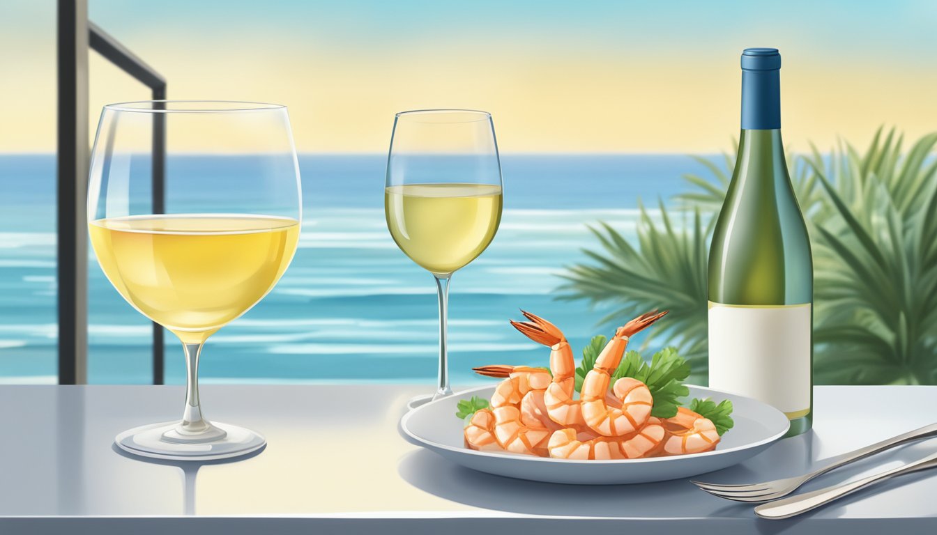 A shrimp cocktail sits on a white plate next to a glass of crisp white wine, with a backdrop of a serene ocean view