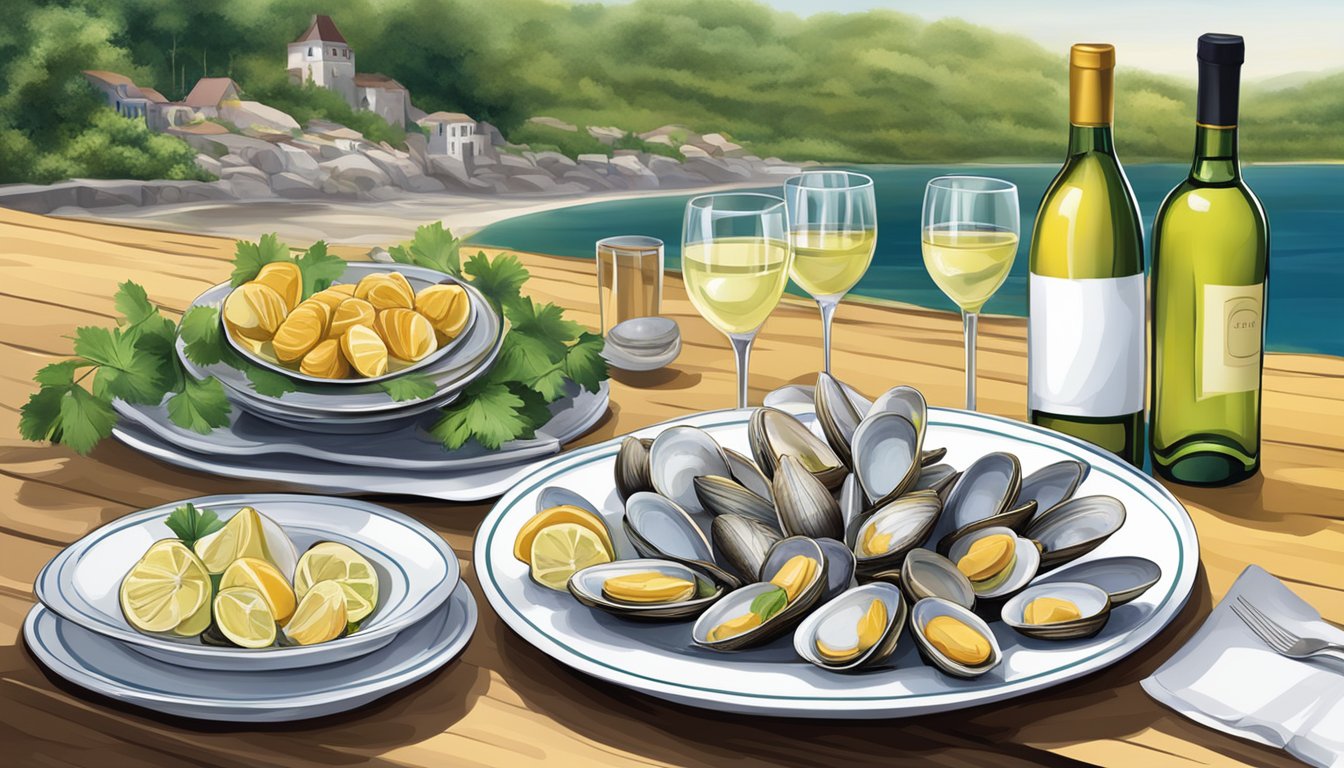 A table set with a variety of white wine bottles and a plate of steamed clams