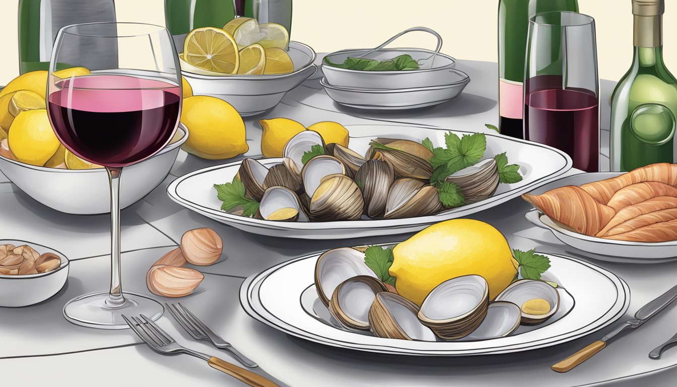 A table set with a variety of red and rosé wines, accompanied by a plate of steamed clams and a bowl of lemon wedges