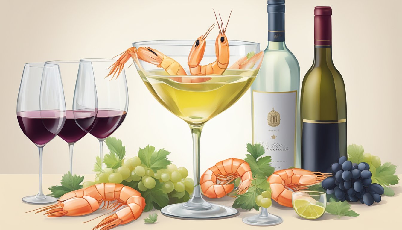 A shrimp cocktail surrounded by a selection of wine bottles, with a wine glass filled with a pale, crisp white wine