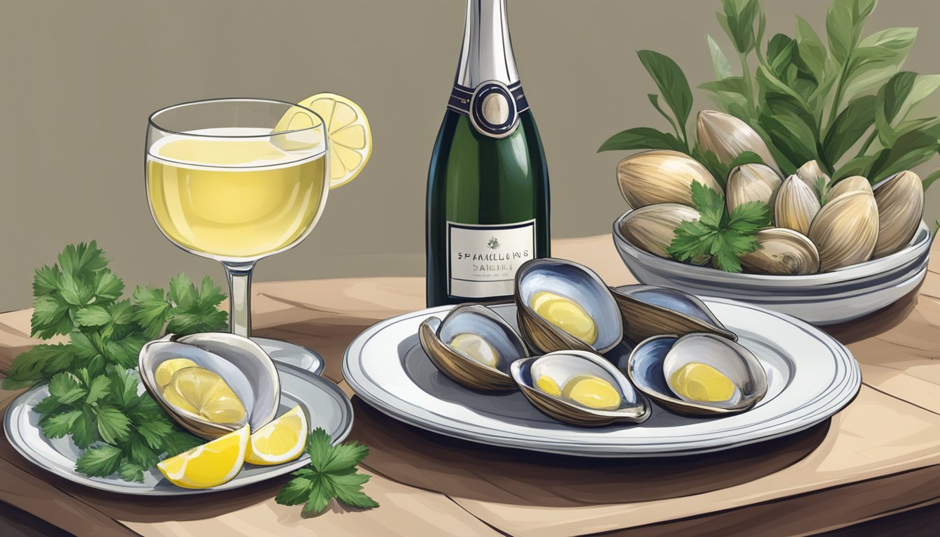 A bottle of sparkling wine next to a plate of steamed clams with a side of lemon wedges and fresh herbs