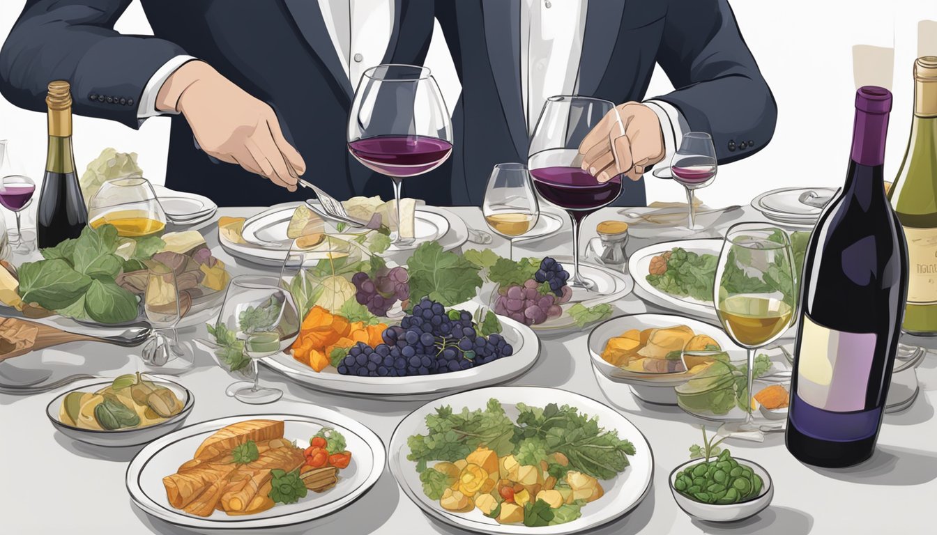 A table set with steamed dishes and various wine varietals, with a sommelier selecting the perfect pairing