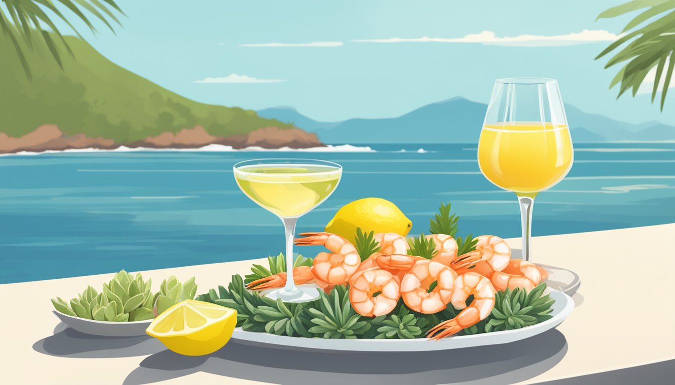 A glass of crisp, chilled white wine sits next to a platter of succulent shrimp cocktail, adorned with a tangy cocktail sauce and fresh lemon wedges