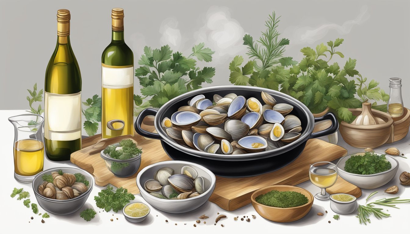 A table set with a steaming pot of clams, a bottle of white wine, and various herbs and spices scattered around