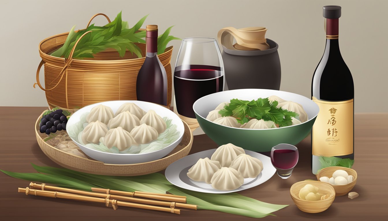 A table set with a steaming bamboo basket of dumplings, a bowl of steamed fish, and a bottle of red wine