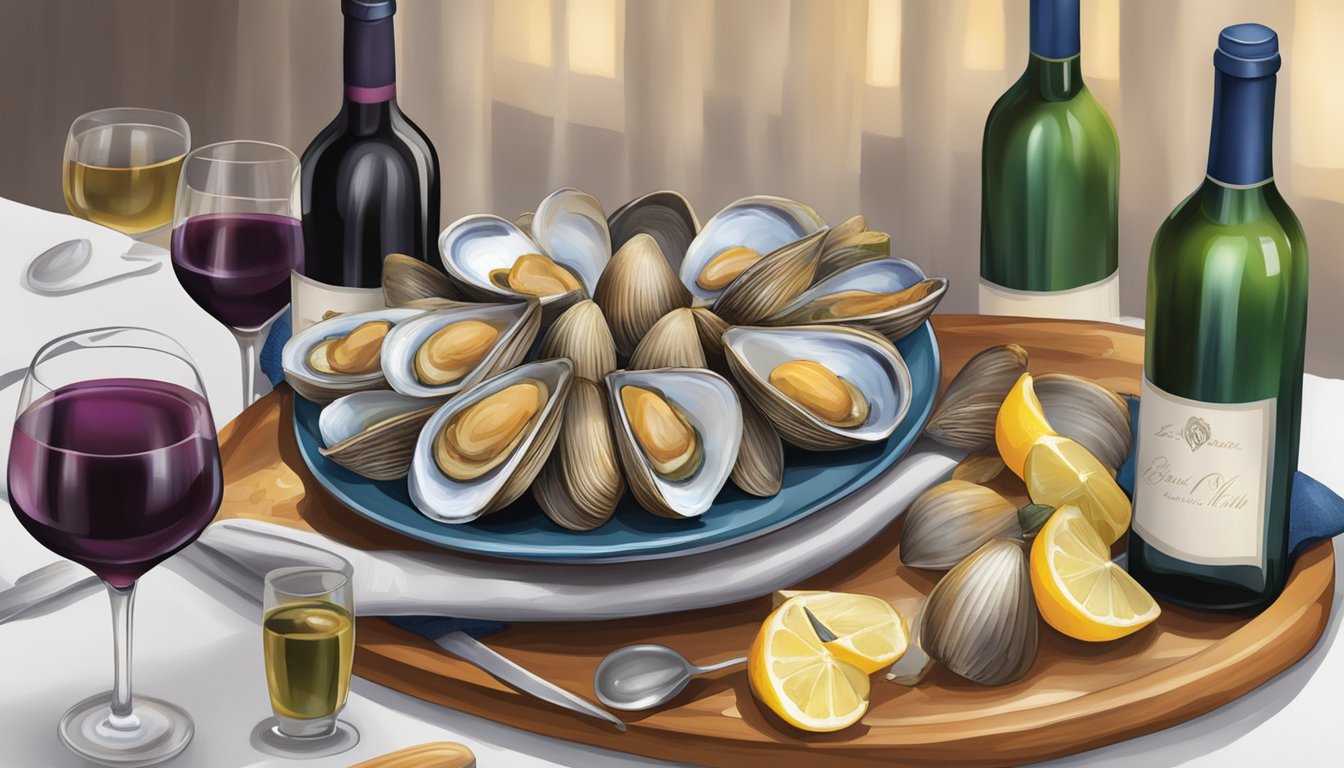 A table set with a variety of wine bottles and a platter of freshly steamed clams