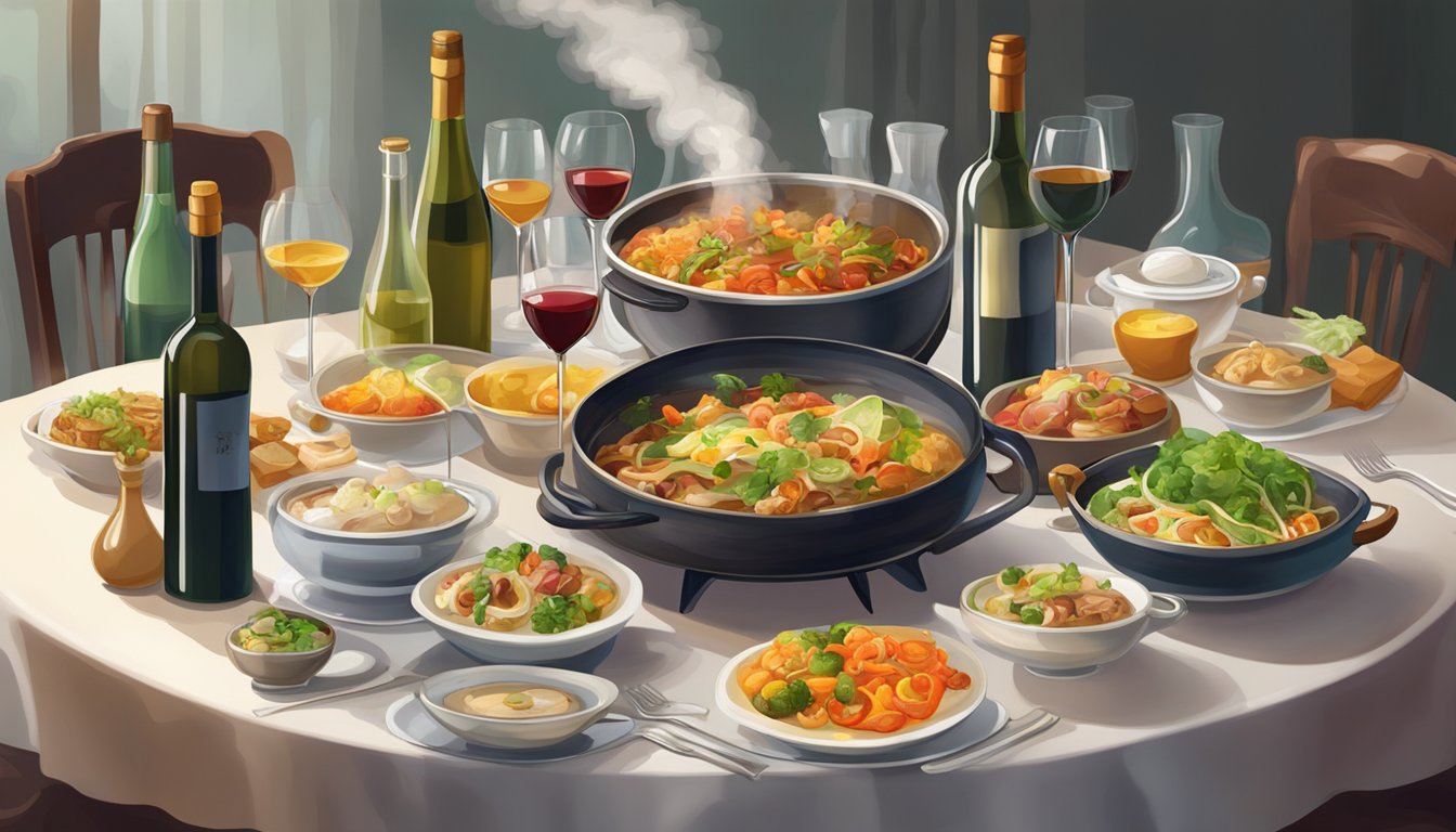 A table set with steaming dishes of international cuisine, surrounded by various bottles of wine