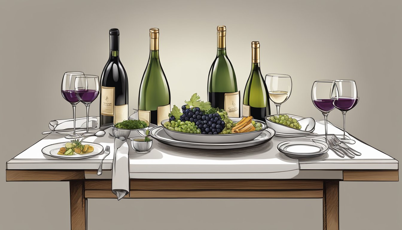 A table set with steamed dishes and region-specific wine bottles