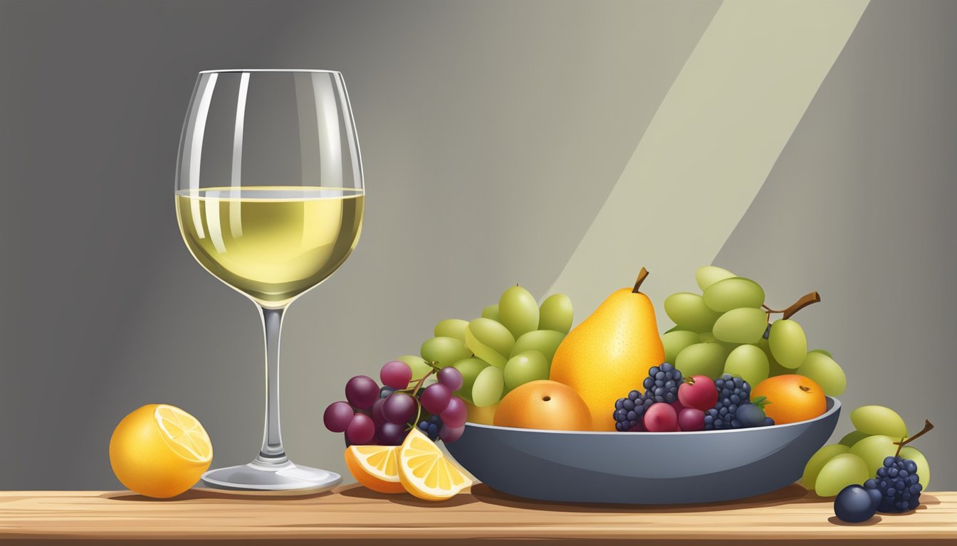 A glass of white wine next to a bowl of assorted fresh fruits on a wooden table