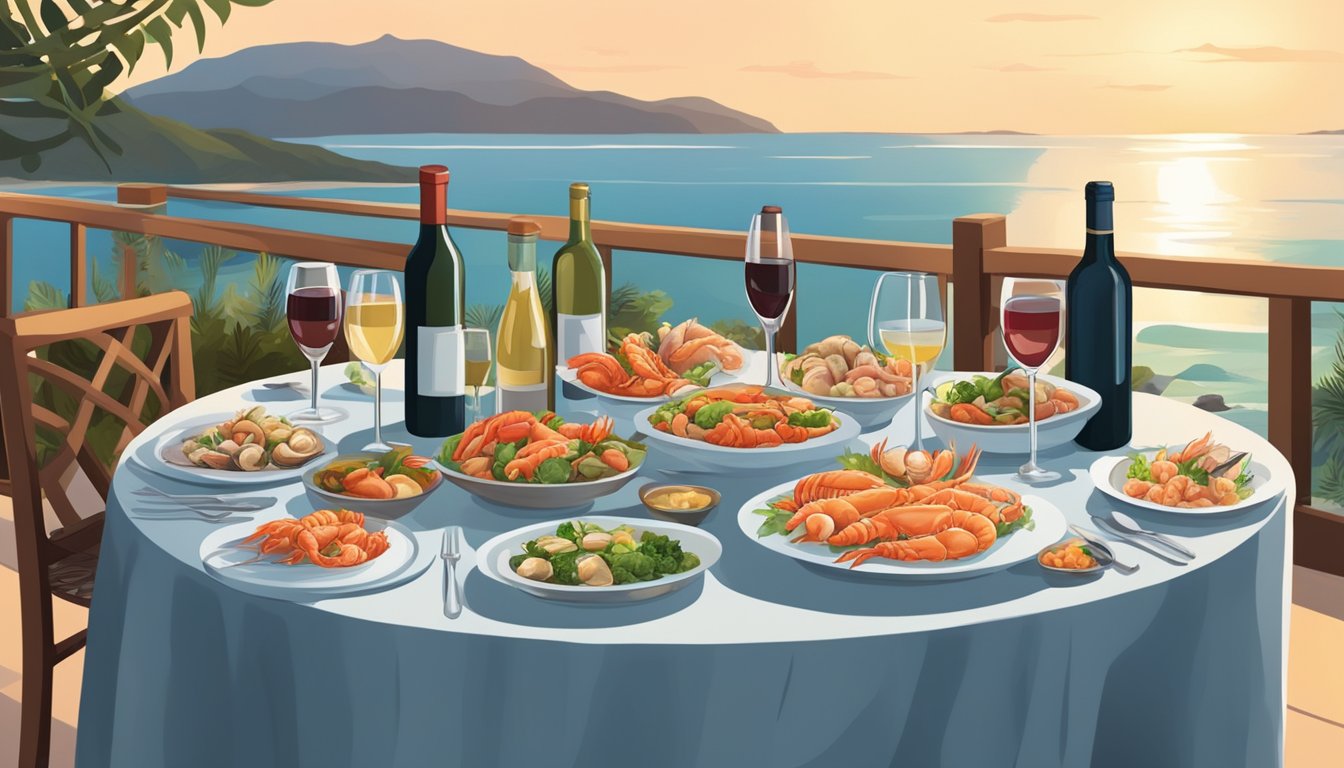 A table set with a variety of seafood dishes, surrounded by bottles of different types of wine. A serene ocean view in the background