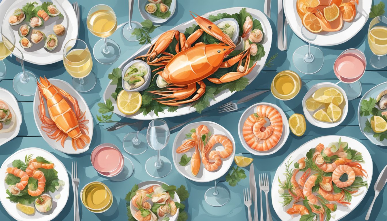 A table set with a variety of seafood dishes alongside glasses of white and rosé wine