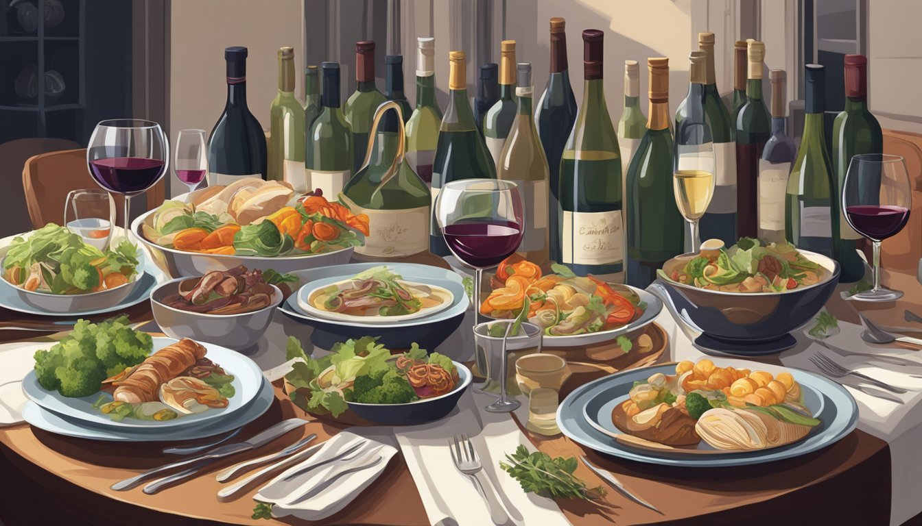 A table set with an assortment of steamed dishes, surrounded by various bottles of wine and a sommelier offering recommendations