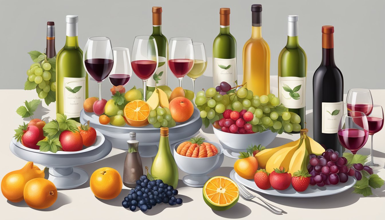 A table set with a variety of fruit-based dishes, surrounded by different bottles of wine