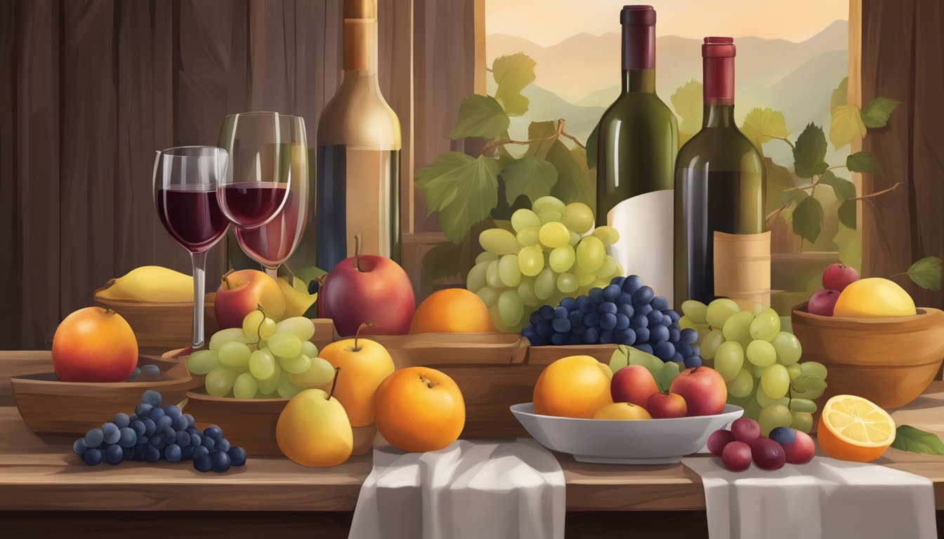 A table set with a variety of fruits and wine bottles, with a rustic backdrop and soft lighting