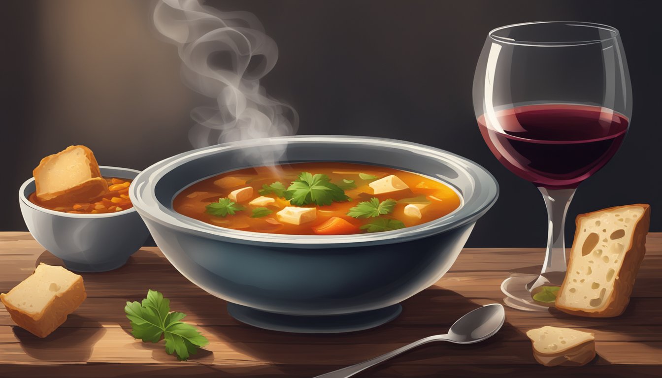 A steaming bowl of hearty soup sits next to a glass of red wine on a rustic wooden table. The rich colors and textures of the soup and wine complement each other perfectly