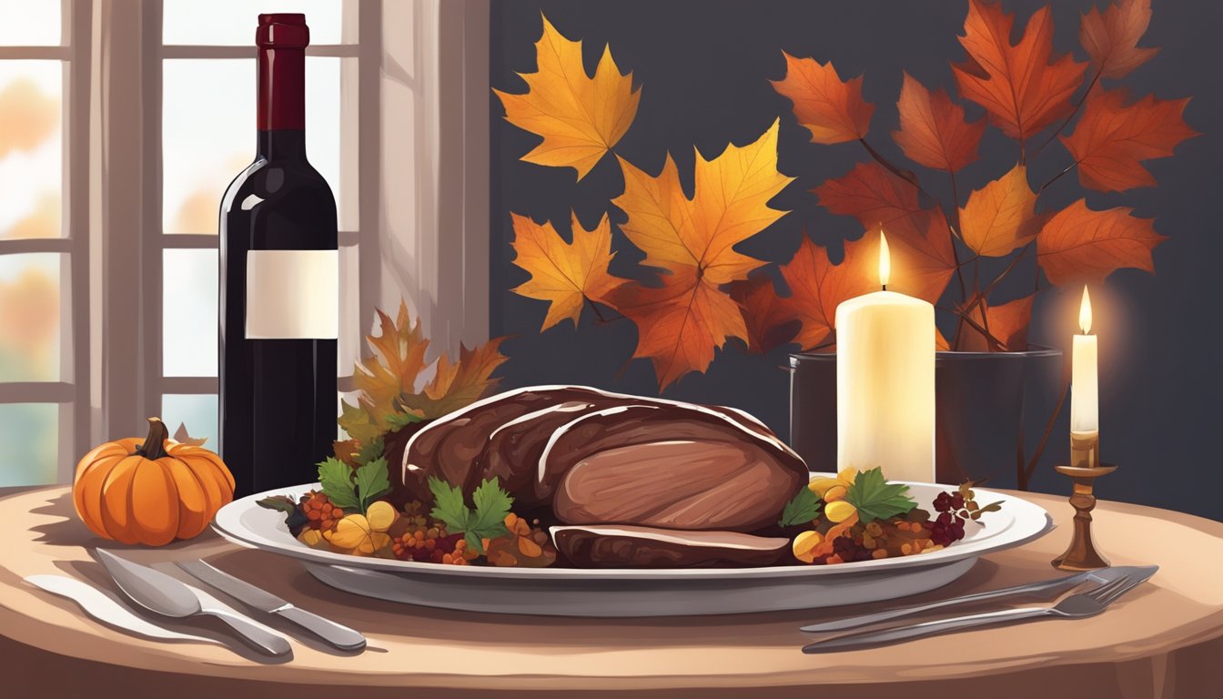 A rustic table set with a rich, red wine bottle and a venison dish, surrounded by autumn foliage and candlelight